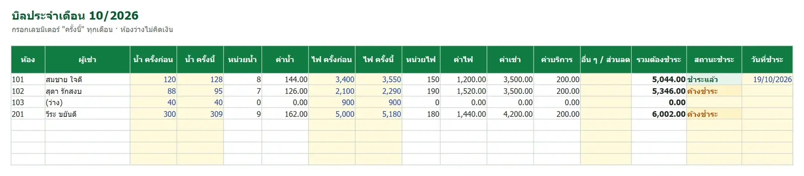 ตัวอย่าง หอพัก / ห้องเช่า: ค่าเช่า ค่าน้ำ ค่าไฟ + ใบแจ้งหนี้