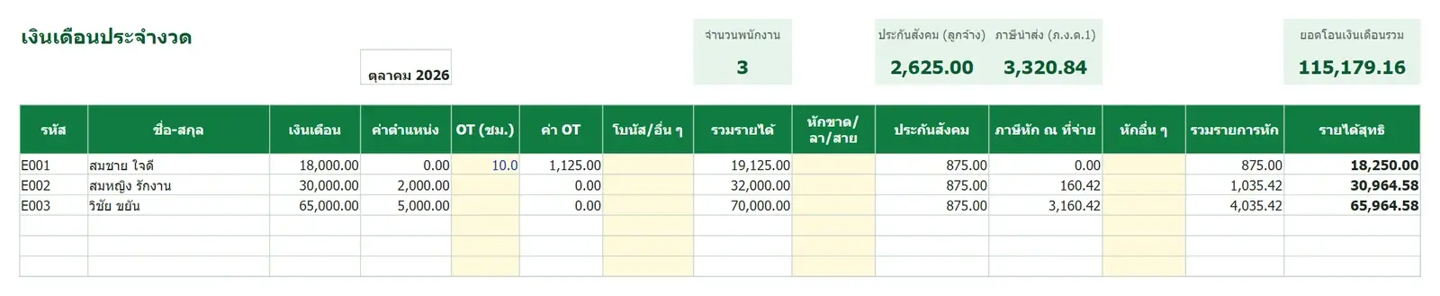 ตัวอย่าง คำนวณเงินเดือน + ประกันสังคม + ภาษีหัก ณ ที่จ่าย พร้อมสลิป