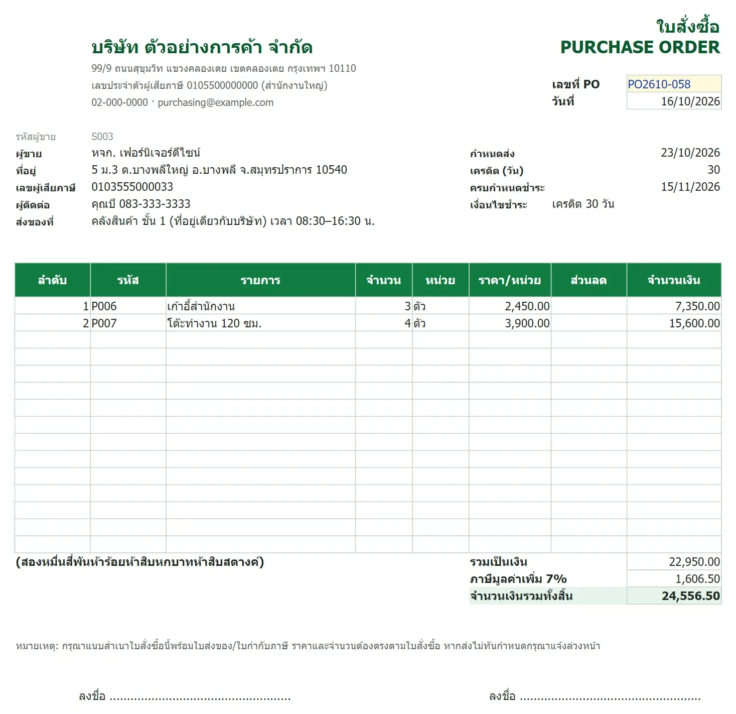 ตัวอย่าง ใบสั่งซื้อ (PO) + ติดตามของค้างรับ + สรุปยอดซื้อตามผู้ขาย
